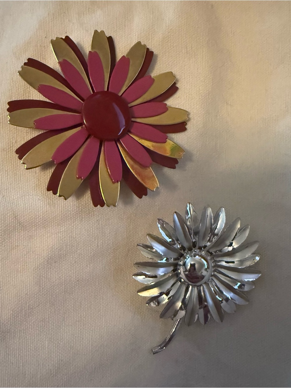 Decorative Flower Accents Brooches Pink and gold and one Silver.